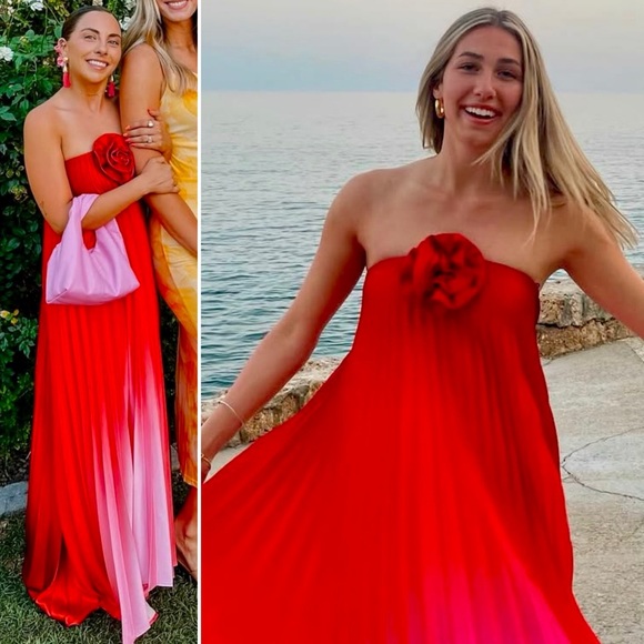 Delfi Collective Kimberly Ombre Pleated Rosette Strapless Dress Red Pink Medium - Picture 12 of 16